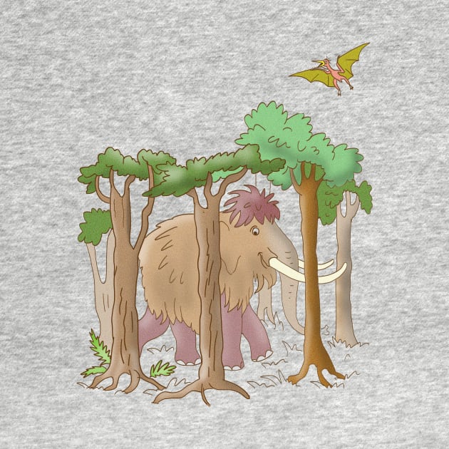 siesh cartoon mammoth in the forest and pterodactyl by sonaart